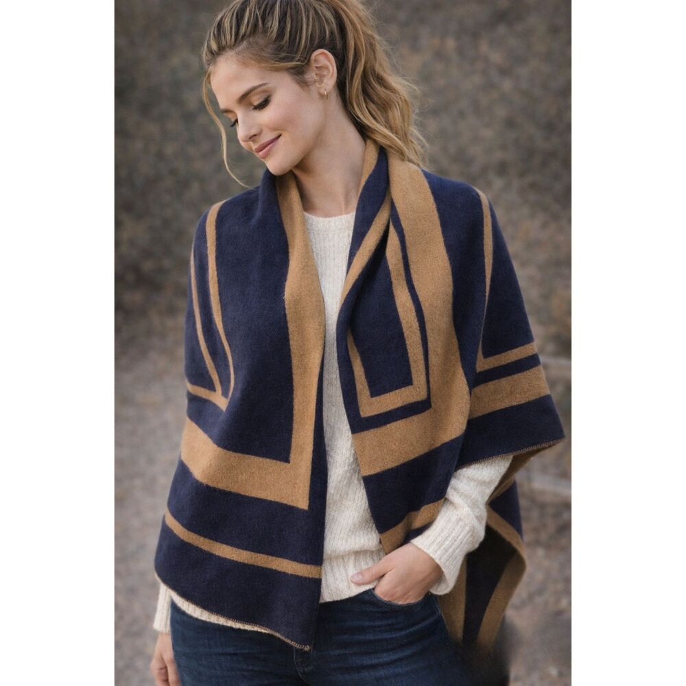 Vince Reversible Wool Scarf / Wrap – Navy & Camel Geometric Design - Picture 1 of 6